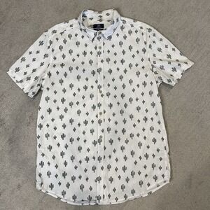 George Mens Size Medium 38-40 Slim Fit Short Sleeve Button Up Shirt White Cactus